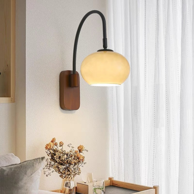 Adjustable Black Arm Wall Lamp with Walnut Base for Bedroom Reading