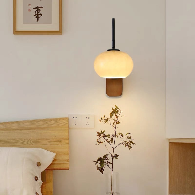 Adjustable Black Arm Wall Lamp with Walnut Base for Bedroom Reading