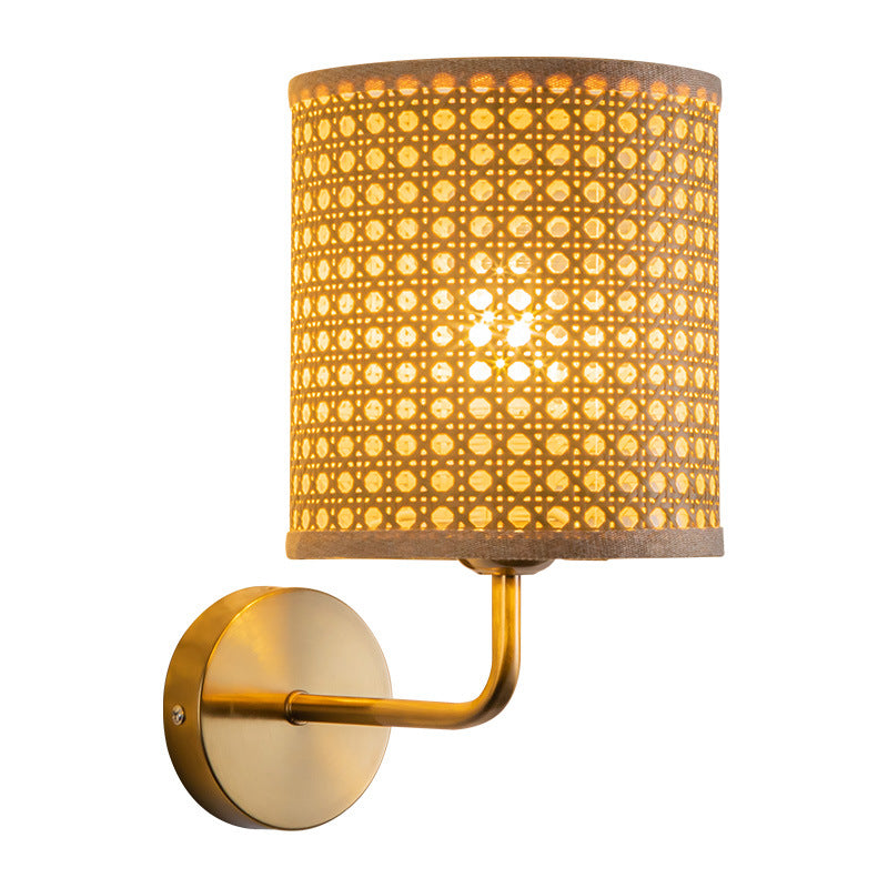 Natural Woven Cane Wall Lamp with Brass Base for Boho & Farmhouse Decor