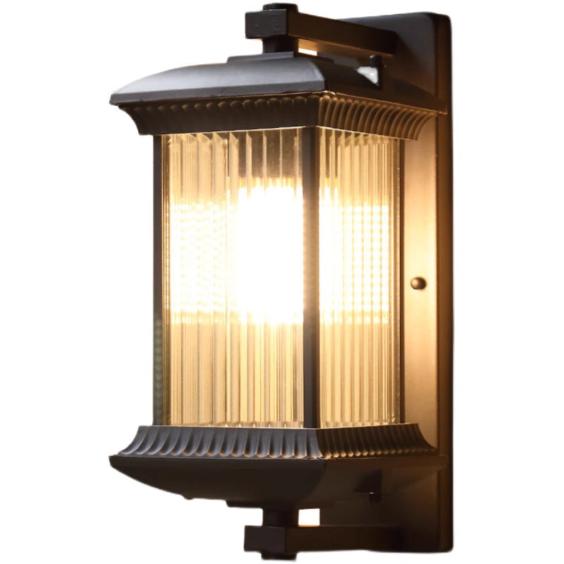 Black Ribbed Glass Outdoor Wall Lantern Waterproof Traditional Exterior Light