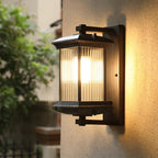 Black Ribbed Glass Outdoor Wall Lantern Waterproof Traditional Exterior Light
