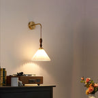 Mid-Century Pleated Wall Lamp with Brass Arm & Wood Accent