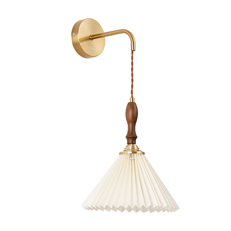 Mid-Century Pleated Wall Lamp with Brass Arm & Wood Accent