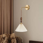 Mid-Century Pleated Wall Lamp with Brass Arm & Wood Accent