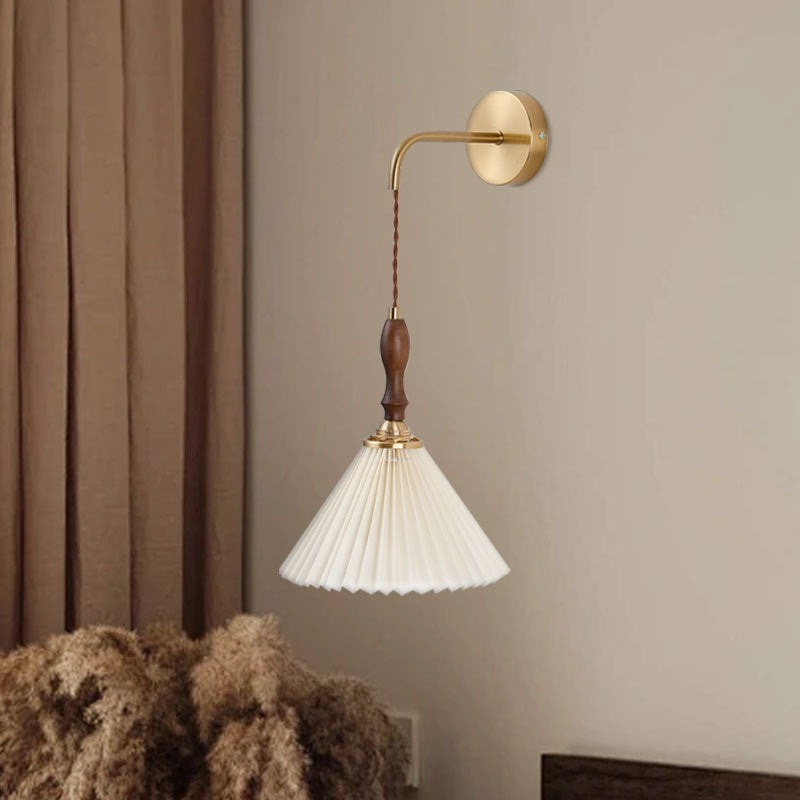 Mid-Century Pleated Wall Lamp with Brass Arm & Wood Accent