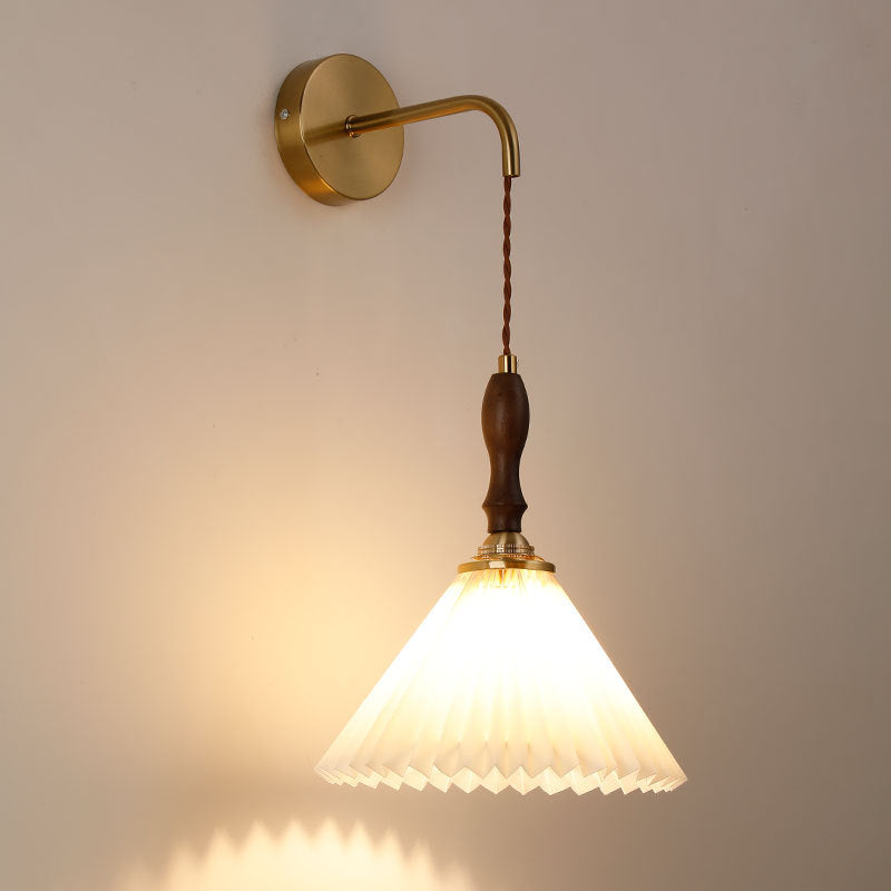 Mid-Century Pleated Wall Lamp with Brass Arm & Wood Accent