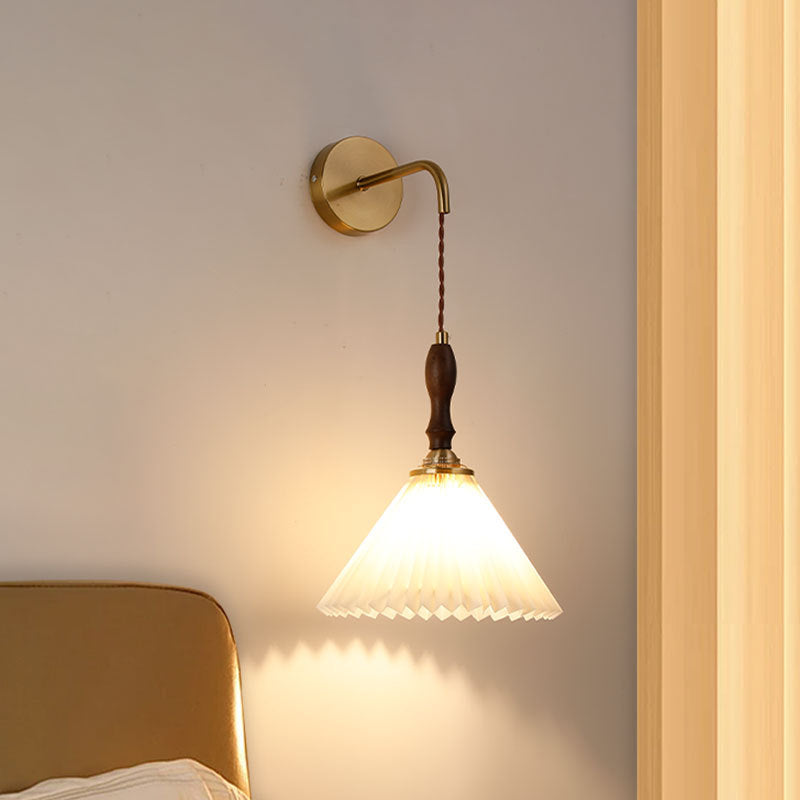 Mid-Century Pleated Wall Lamp with Brass Arm & Wood Accent