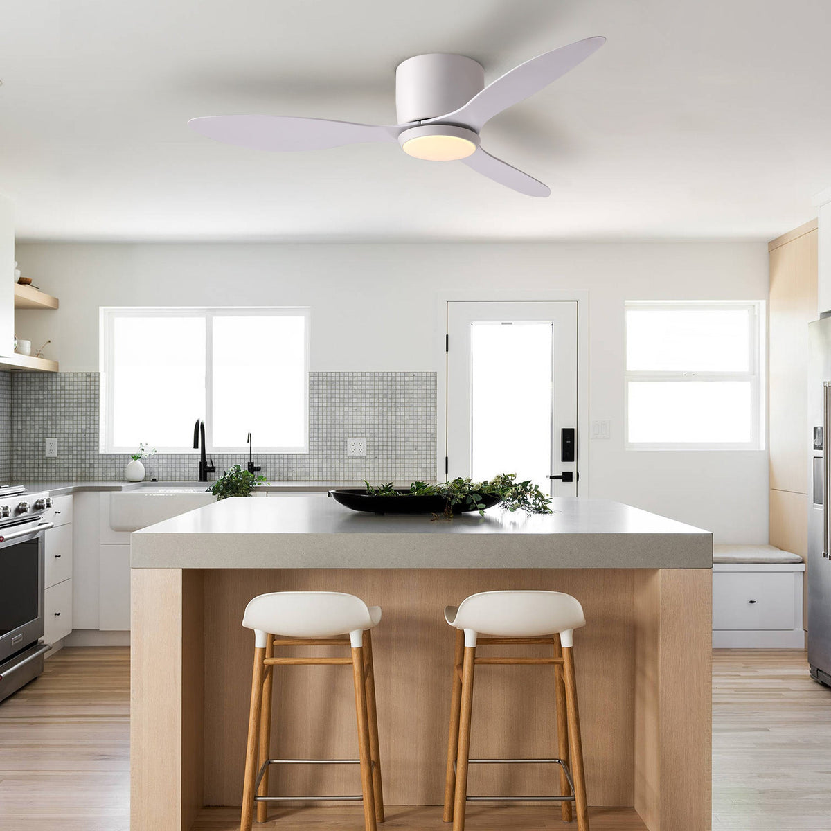 42 in. Smart Indoor Modern White Low Profile Ceiling Fans with Remote and Wall Control with Dimmable Integrated LED